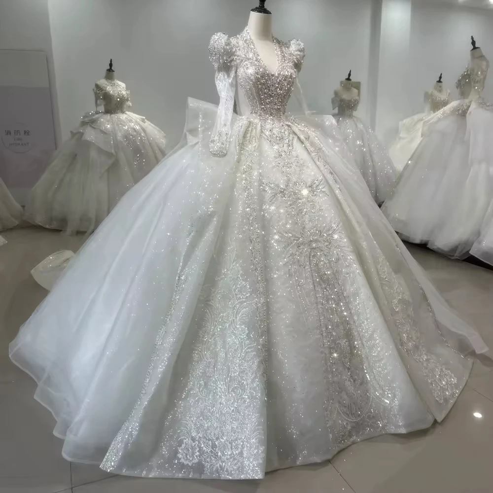 Vestido De novia Casamento Princesa Vestido De novia De manga larga con cuello en V con cordones en la espalda Vestido De baile bordado Vestido De novia con cuentas