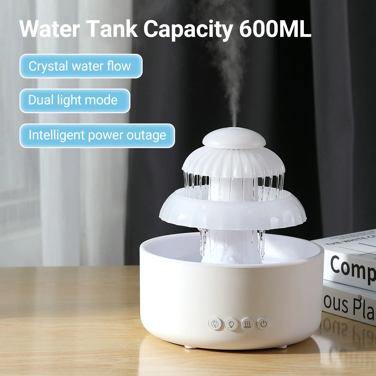 600ml waterfall Humidifier Diffuser Sleeping Relaxing Rain Cloud Water Drip USB with 7 Color night Light for Home Office Bedroom