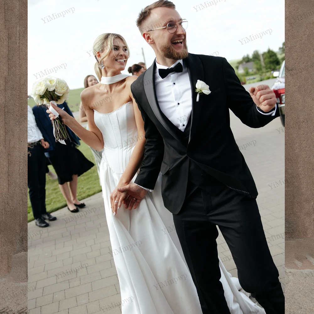 فساتين زفاف أنيقة من الساتان المطرز بدون أكمام بدون حمالات على شكل حرف a بدون أكمام سويب تراين فساتين العروس مع شالات مخصصة #4