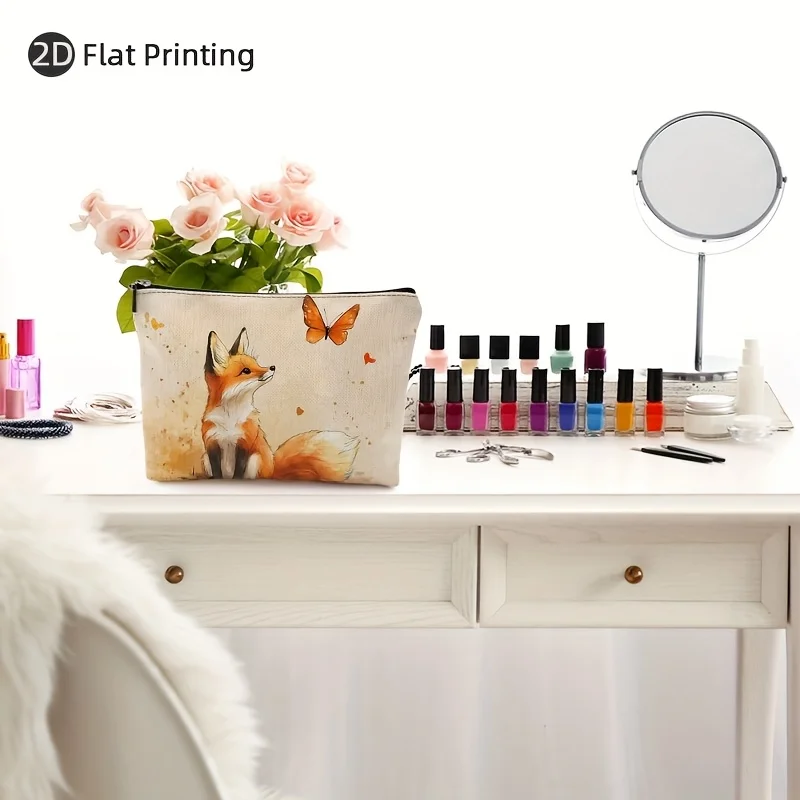 1Pc Cute Fox and Butterfly Retro Design Multifunctional Travel Makeup Bag, Snack Storage Bag, Stationery Storage Bag, Fashionable Toiletry Bag, Canvas Double-Sided Printed Zipper Pouch