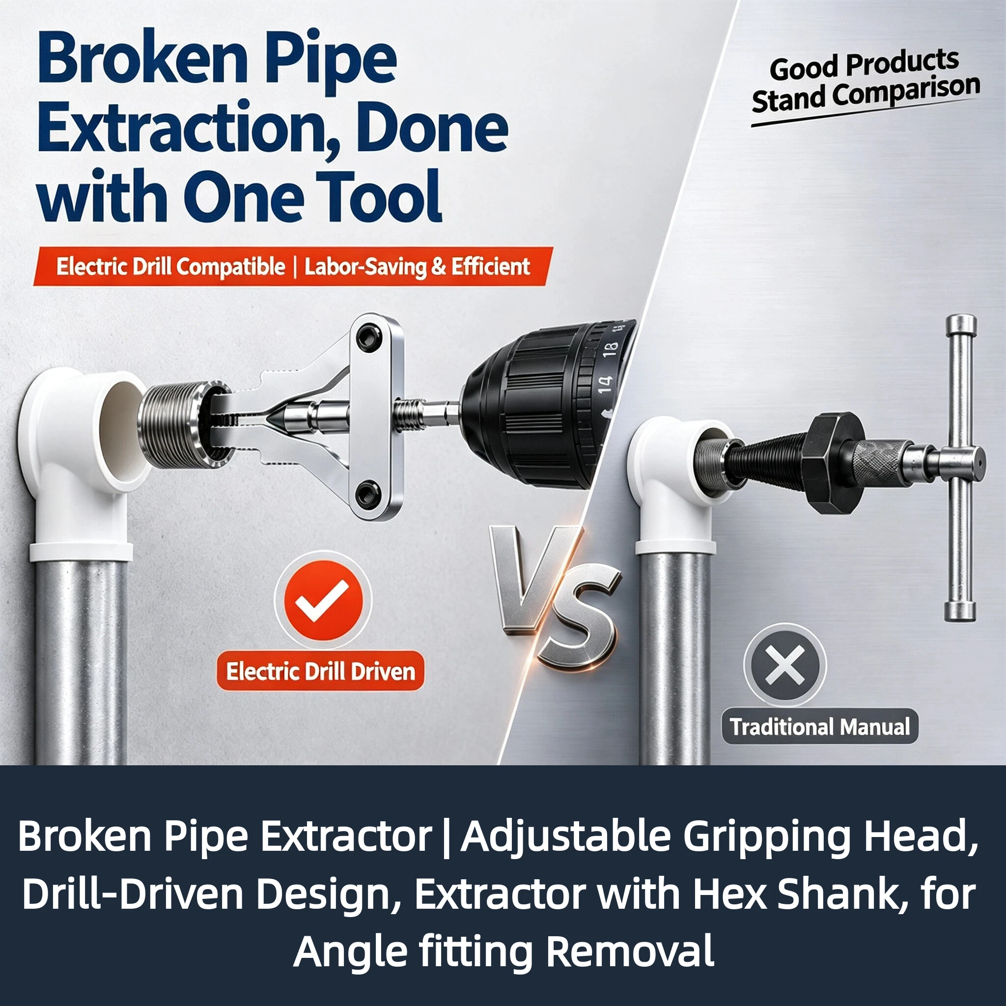 Broken Pipe Extractor | Adjustable Gripping Head, Drill-Driven Design, Extractor with Hex Shank, for Angle fitting Removal