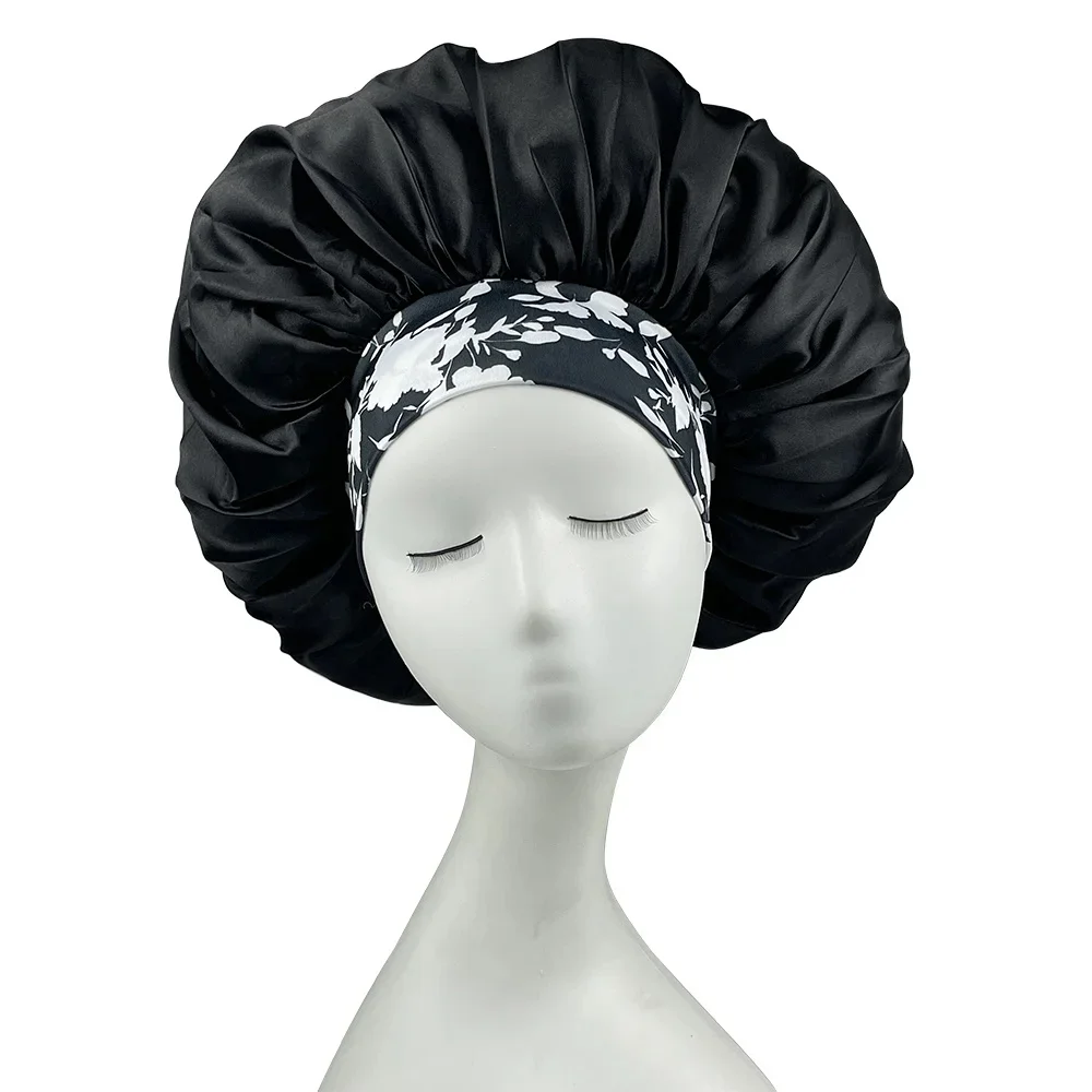 Femmes Satin Bonnet imprimé fleuri Spandex large bande extensible Bonnet Satin Cheveux Nuit soie dormir nuit Bonnet Bonnets pour les femmes