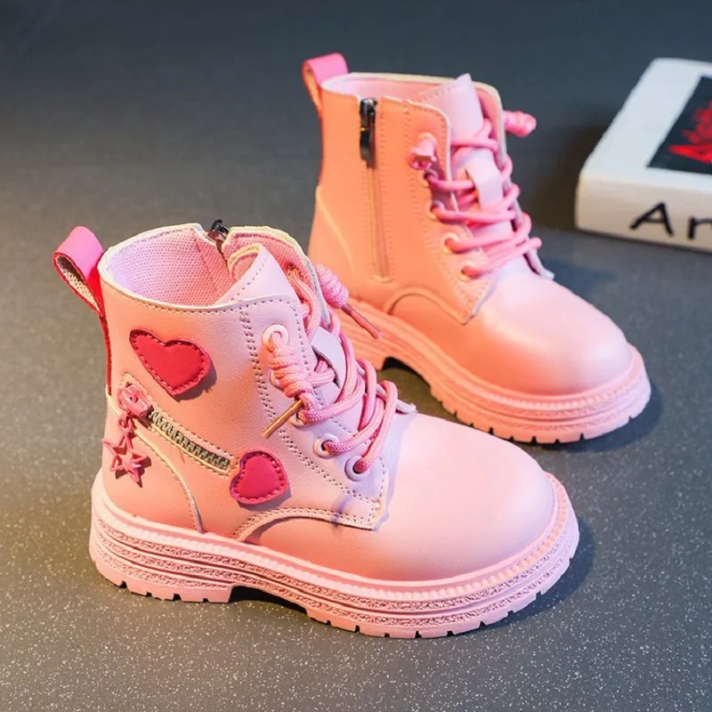 

Girls Boots Snow Shoes Kids Fashion Waterproof Rubber Boots Autumn Winter PU Soft Sole Pink Side Zipper Princess Round-toe Boots