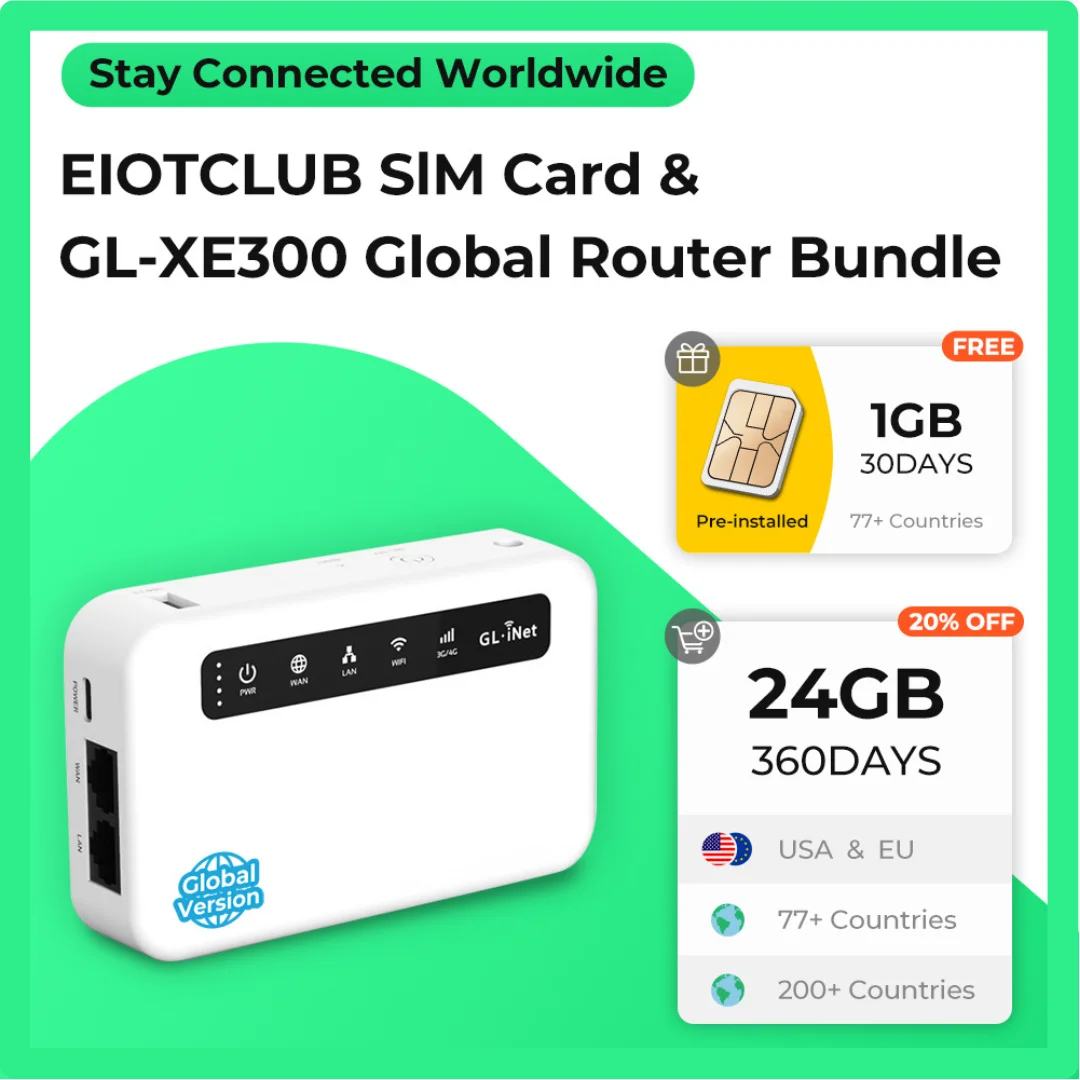 EIOTCLUB 24GB 360Days SIM Card with GL-XE300 Global Router Bundle, 4G LTE Smart VPN Router Portable WiFi Wireless Travel Hotspot