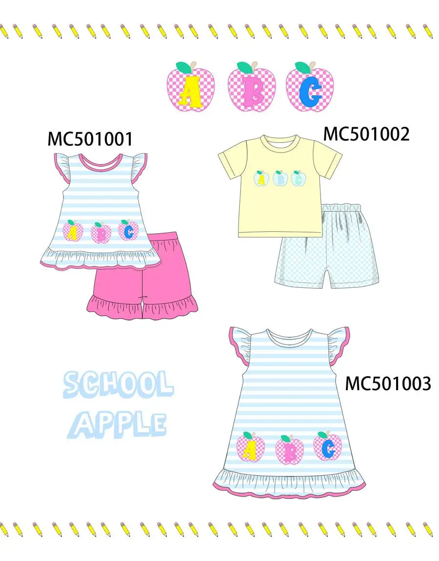 Cute Print School Apple Collection Short Sleeve Set for Boys And Girls - Boutique Wholesale Drop Shipping