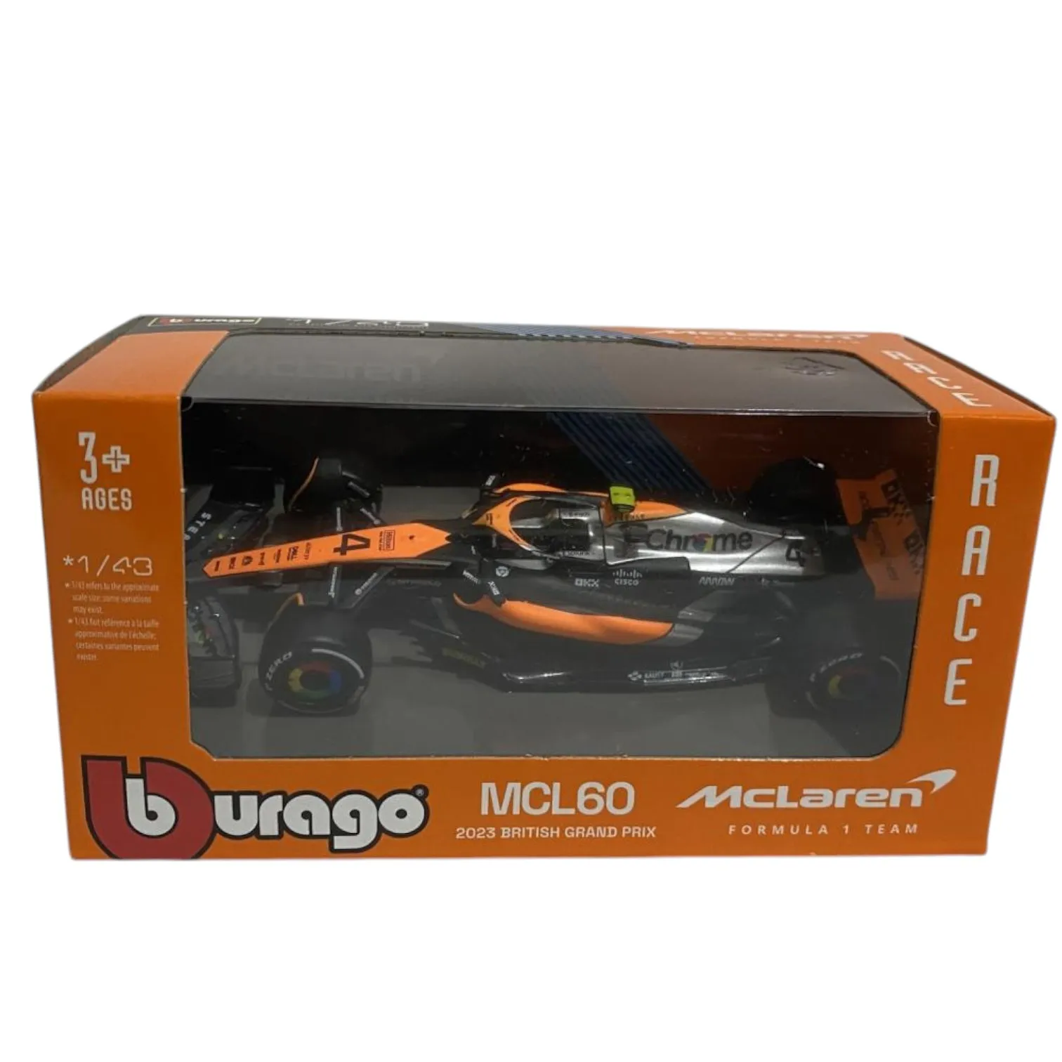 Burago, Voiture de course monoplace Mcl60 Grand Prix du Royaume-Uni 2023, échelle 1:43, miniature en métal moulé sous pression, collection de la série Formule, sans emballage, emballage d'origine