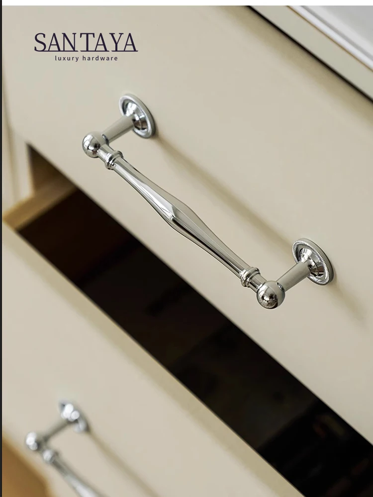 Solid Brass Furniture Handles Luxury Wardrobe Door Cabinet Handle Drawer Knob Chrome Bright Silver Cabinet Pull