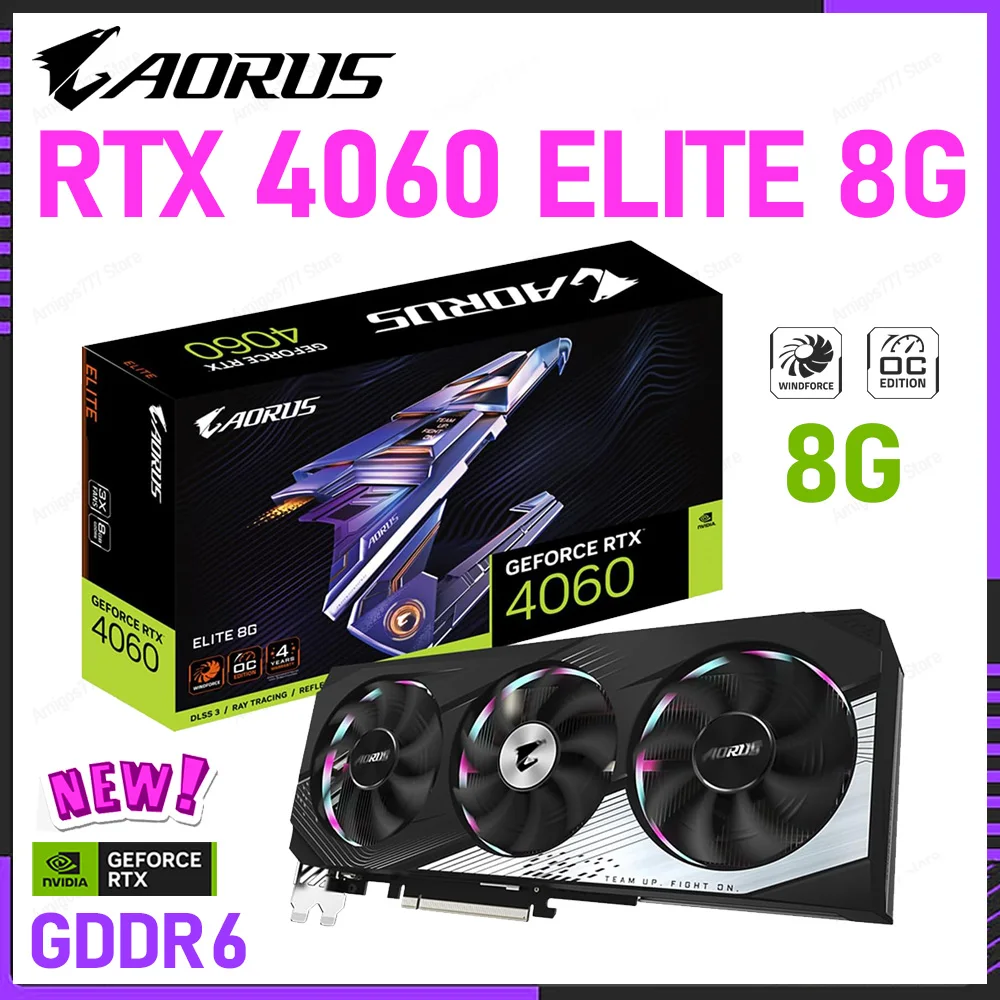 Placa de Vídeo Aorus-geforce Elite 8g Rtx 4060 Gddr6 1800mhz 8pin Pci-e 4.0 Suporte Triplo para Ventiladores Cpu Intel Adm Placa de Vídeo