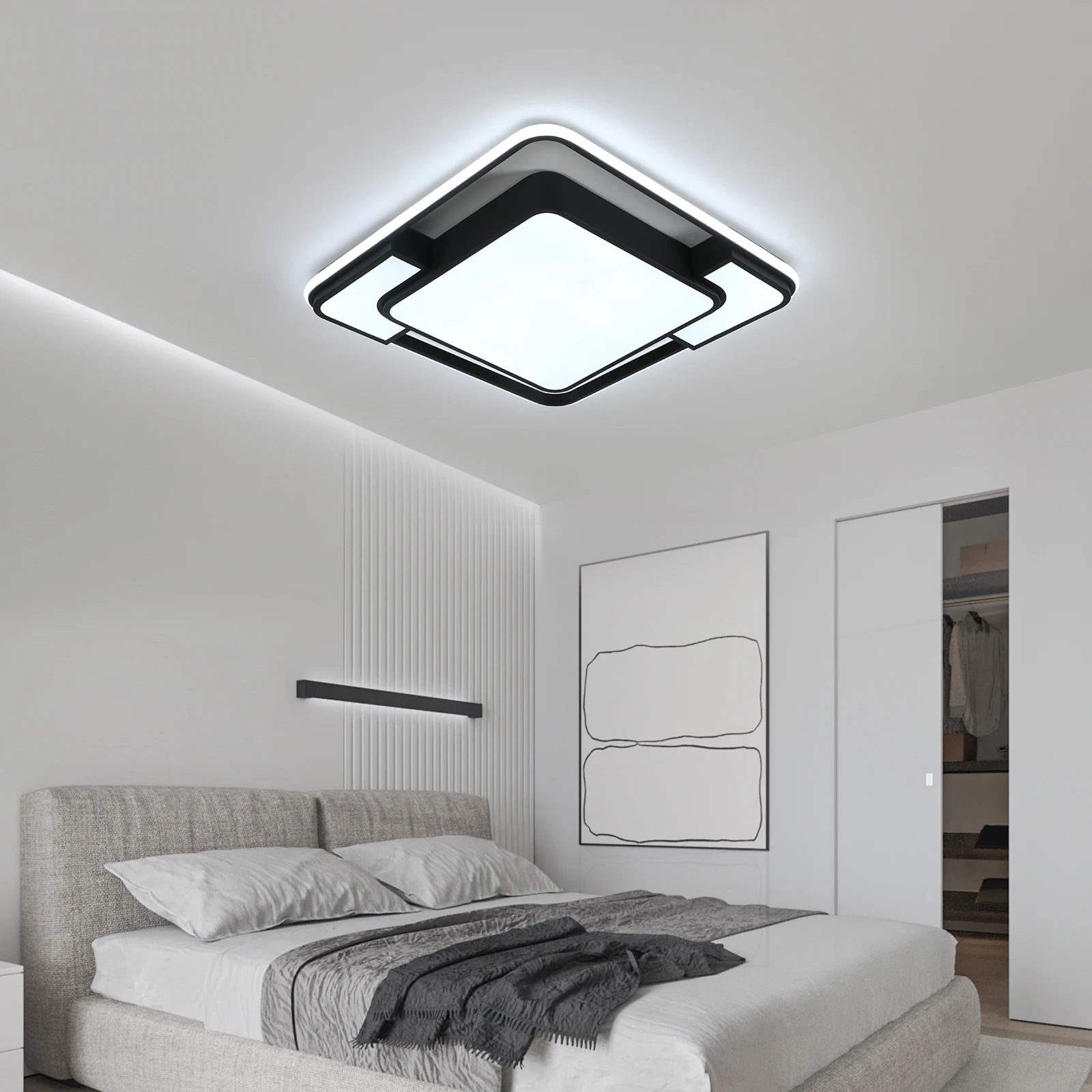 مصباح سقف LED، مصباح سقف ممر بتصميم منحني مربع أسود لغرفة نوم المطبخ والحمام، أبيض بارد 6000 كلفن