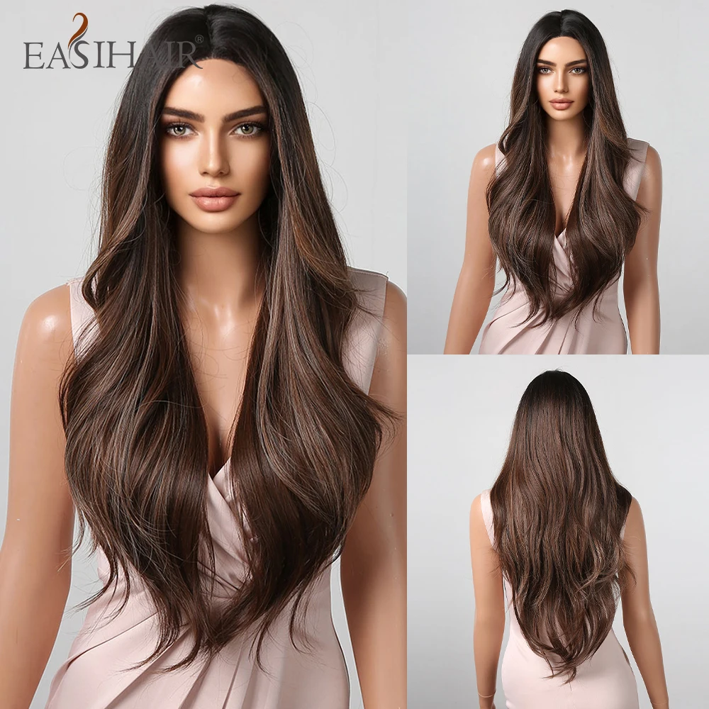 

EASIHAIR Long Wavy Hairline Lace Synthetic Wigs Black to Brown Ombre Natural Hairline Hair Wig for Women Heat Resistant Wig