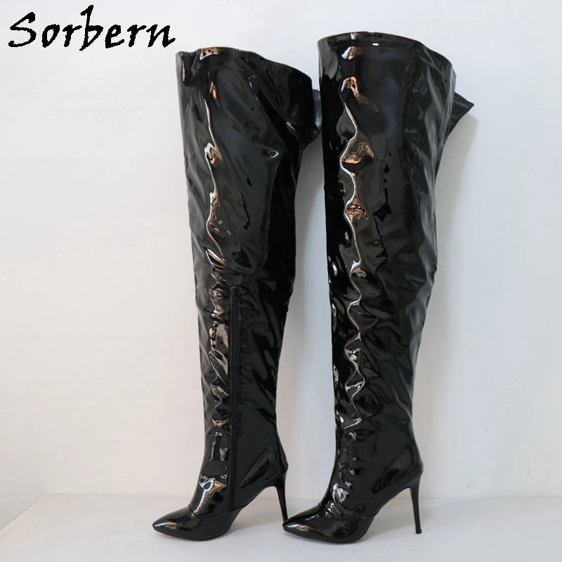 

Sorbern Custom Wide Fit Leg Boots Pointed Toe High Heel Size Eu47 Stilettos Half Zipper Open Back Unisex Long Thigh High Boot