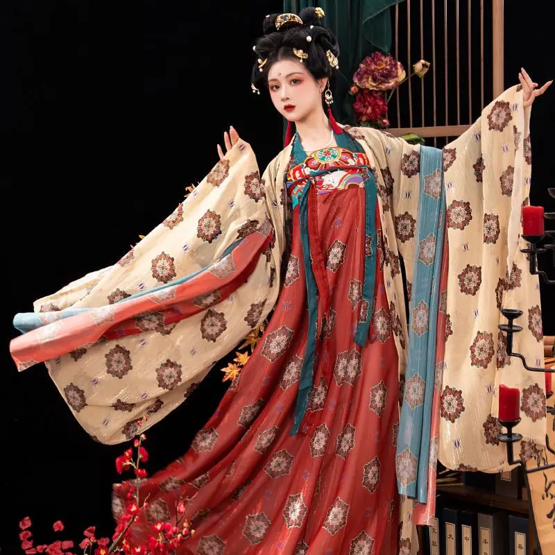 

Chinese Hanfu Dress Women Cosplay Costume Vintage Ancient Tang Dynasty Printed Green Yellow Sets Hanfu Dress Plus Size 2XL