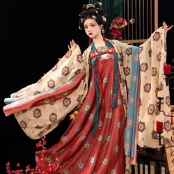 Chinese Hanfu Dress Women Cosplay Costume Vintage Ancient Tang Dynasty Printed Green Yellow Sets Hanfu Dress Plus Size 2XL