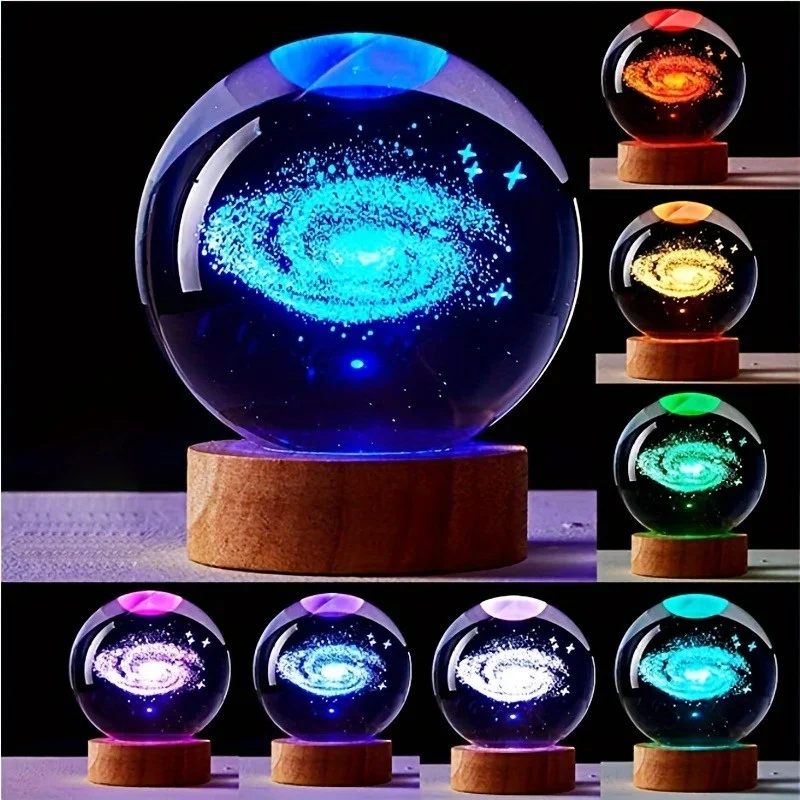 3D Crystal Ball Night Light With 7 Color LED Light Base Laser Carved LED Lamp with Wooden Colored For Home Bedroom Decoration