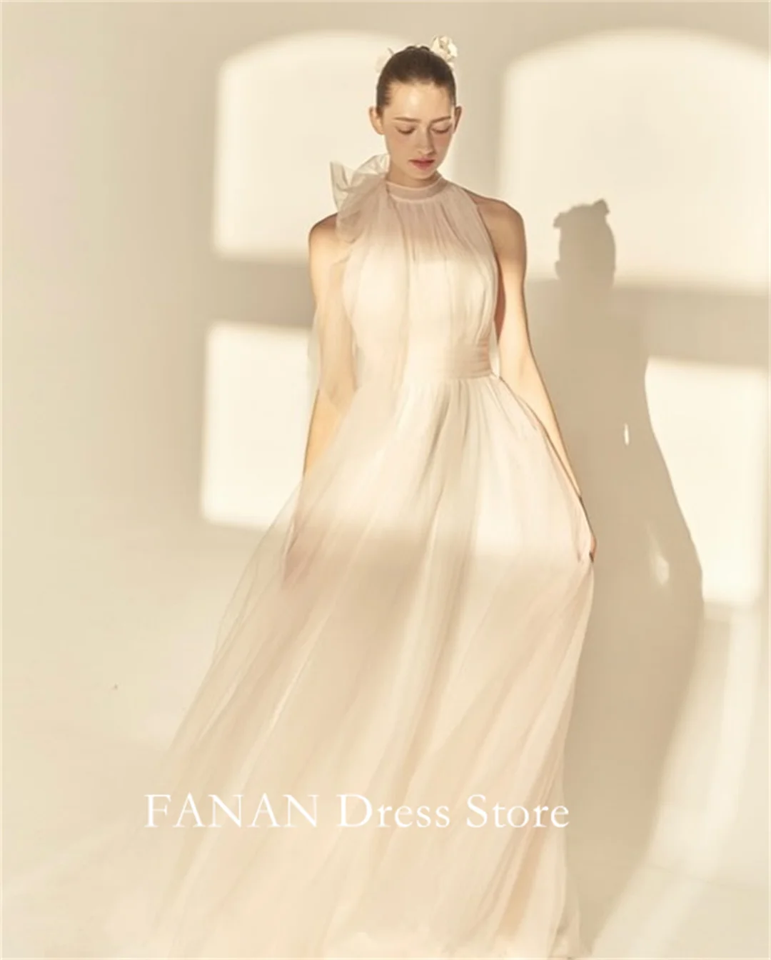 

Fanan Elegant High Neck Wedding Dress Sleeveless Customized Tulle Ruched Ivory Bridal Party Gown Vestidos De Novia