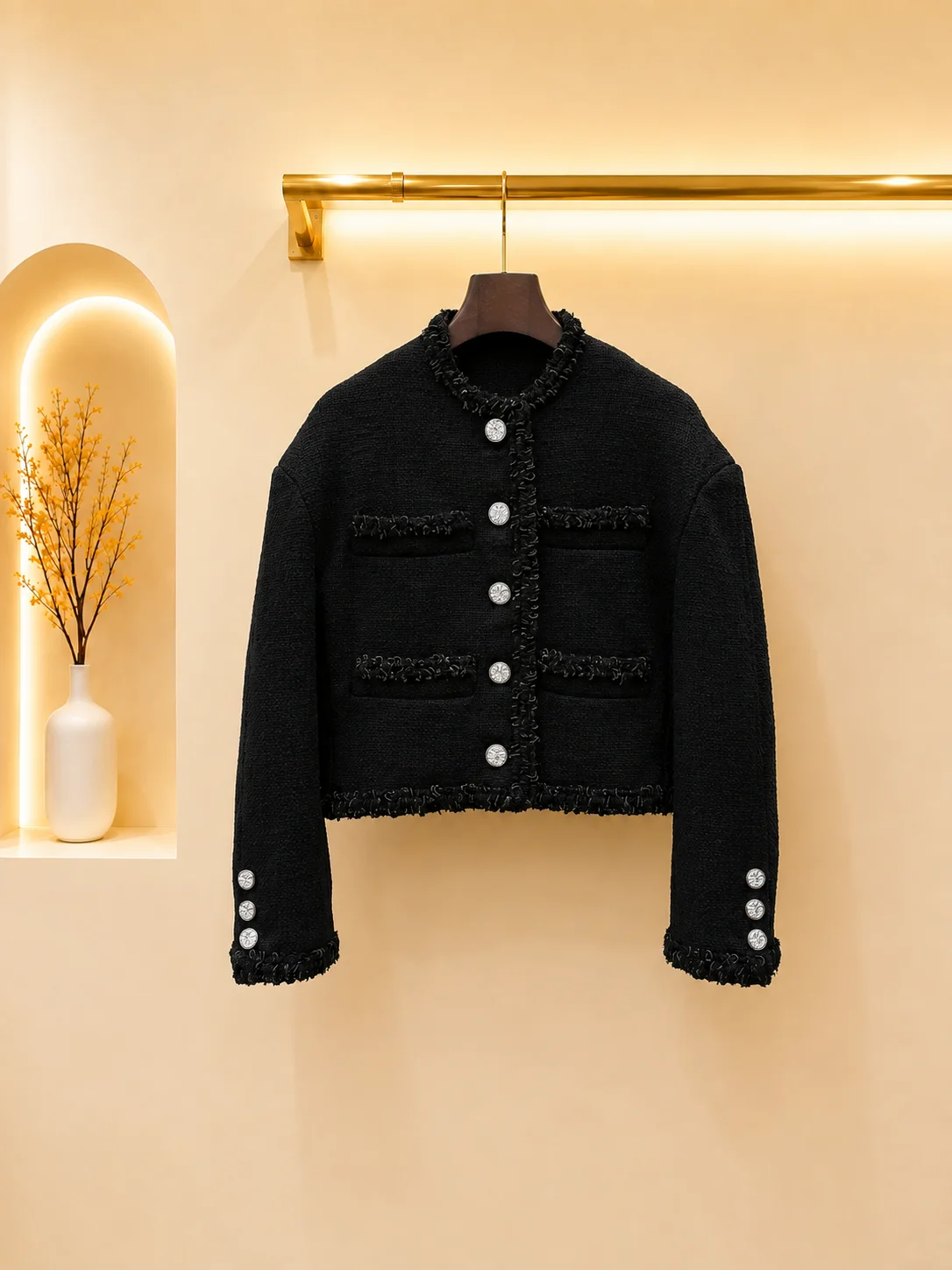 2026 Women Tweed Jacket Round Neck Contrast Fringe Trim Cropped Outerwear Inner Gold Chain Lining Design