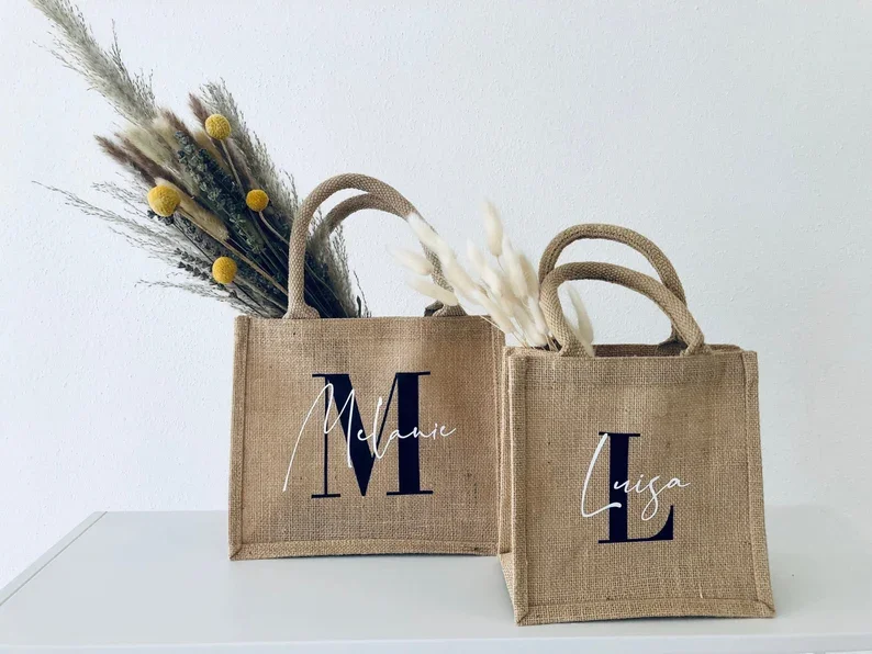 Sac en Jute avec Initiales Personnalisé, Cadeau de Demoiselle d'Honneur, d'Anniversaire, de ixdes Mères, de Shopping