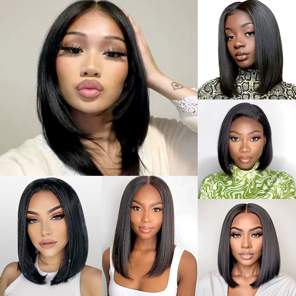 Wig Bob Warna Alami Lurus Wig Frontal Renda Transparan dengan Kepadatan 180 13X4 Wig Rambut Manusia Renda Frontal untuk Wanita Kulit Hitam