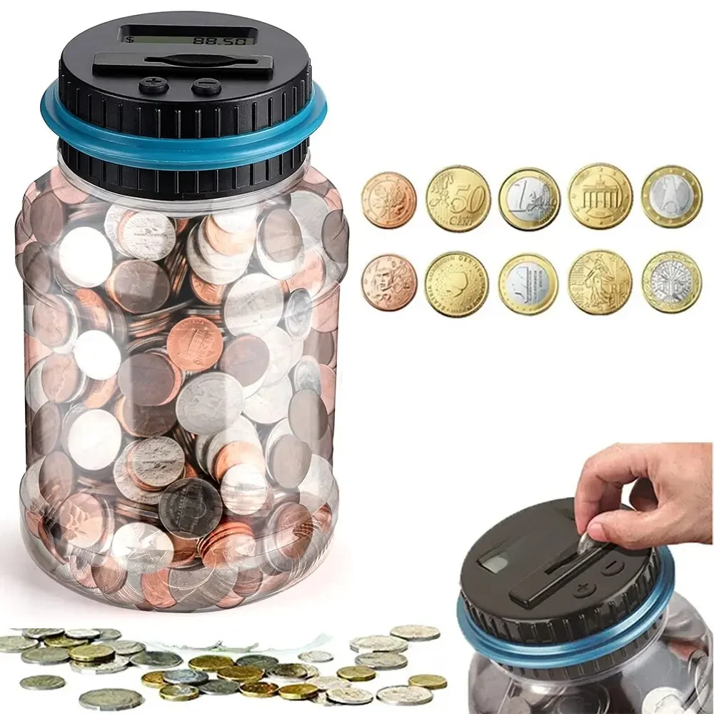 Mealheiro eletrônico com LCD Digital, Contagem de moedas, Caixa de poupança, Jarra de armazenamento,