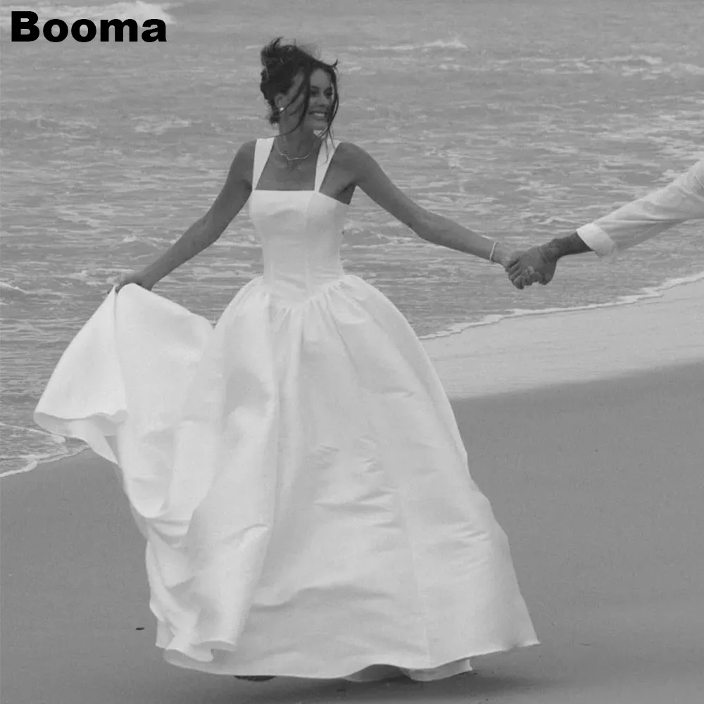 

Booma Simple A-Line Long Wedding Dresses Sleeveless Satin Brides Party Gowns for Women Backless Bridals Evening Dress Customs