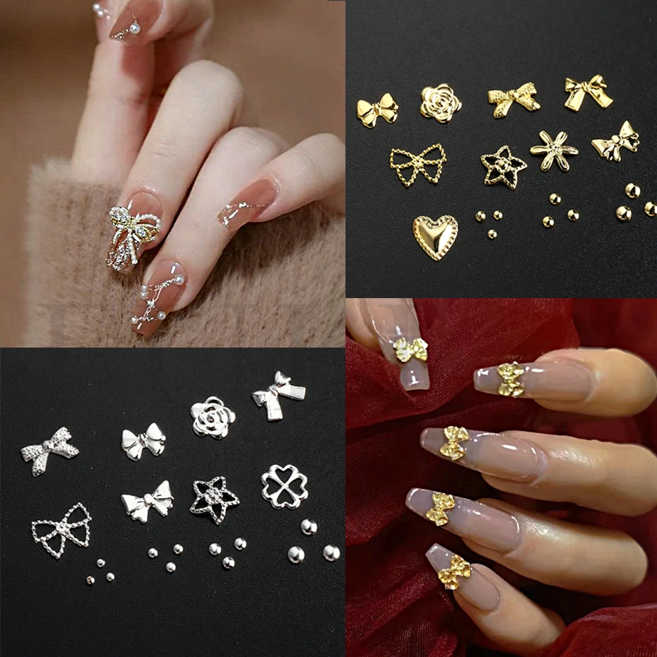 3D Nail Charms Art Decor oro argento lega Shiny Bow Bowknot Love Heart Flowers Jewelry Design accessorio per Manicure fai da te NT12G-HD01