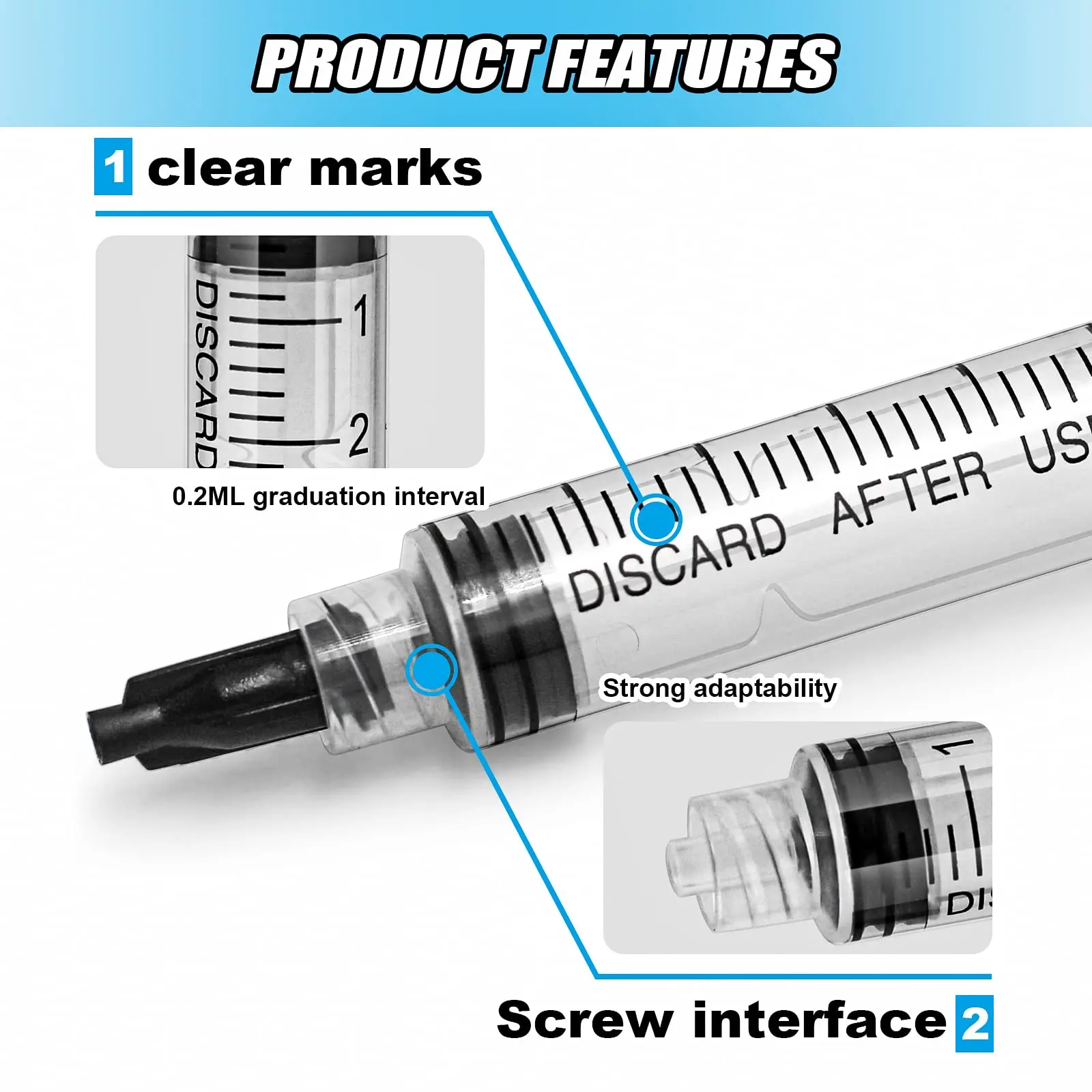 100 عبوة من حقنة بلاستيكية سعة 5 مل، غلاف فردي معقم (بدون إبرة)، محاقن قفل لور مع غطاء أسود للمختبرات العلمية