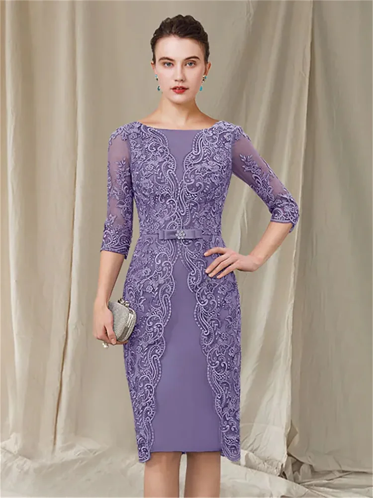 15571# Boat Neck Purple Sheath Mother Of The Bride Dress With Appliques Lace Wedding Party Guest Prom Evening Gown Customized