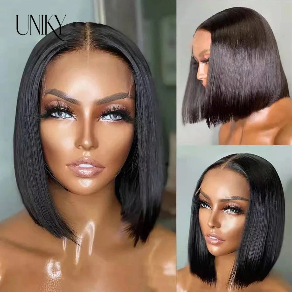 Perruque Lace Closure Wig sans colle naturelle brésilienne, cheveux courts et lisses, pre-plucked, Prêt à porter, 6x4, 4x4, HD, 100%