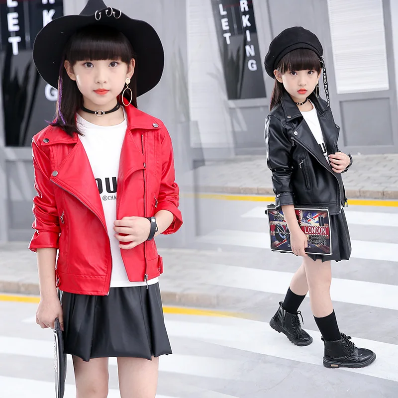 

2-12 years Girls Faux Leather Jacket Children PU Coat Long Sleeve Zip Belt Locomotive Jacket Spring Teen Kids Boys Jackets