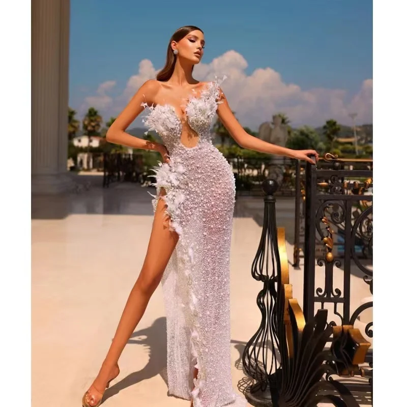 

Luxury feather sequin studded high slit white off shoulder bodycon long dress elegant fashion wedding banquet dress