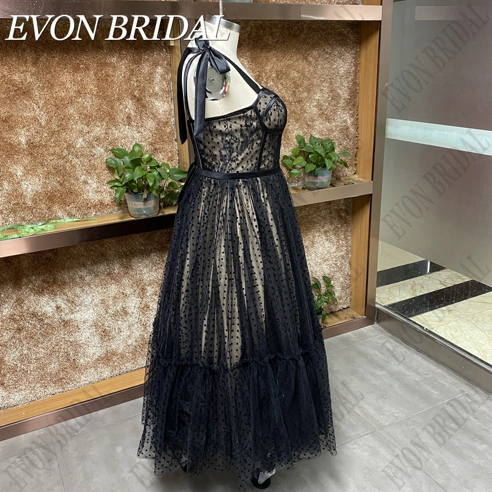 EVON BRIDAL Nero Polka Dots Prom Gowns A Line Tea Lunghezza Bow Straps Abiti da Sera 2024 Lace Up Backless vestidos de fiesta Sweetheart Cocktail Ball per le donne Eleganti foto reali Custom Made