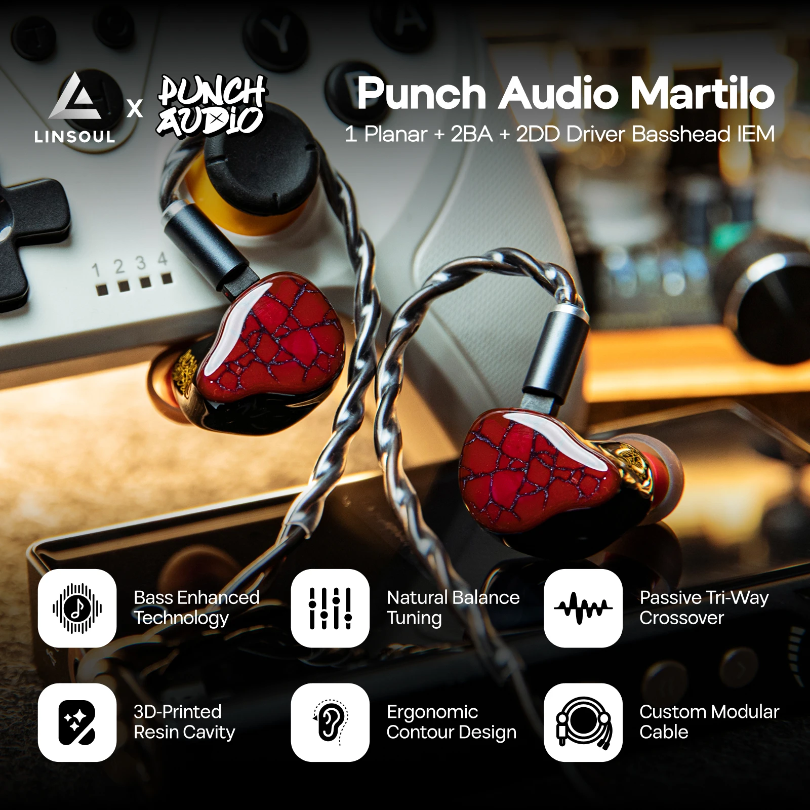 سماعة Linsoul Punch Audio Martilo IEM 1 Planar + 2 BA + 2 DD Hifi مع جهير غامر وكابل قابل للتبديل مخصص