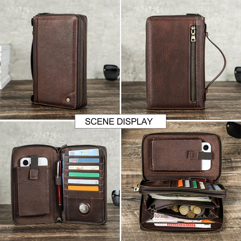 CONTACT\'S Genuine Leather Clutch Bag Men Wallet with Airtag Case Vintage Zipper Wallets Card Holder Male Purse Large Capacity