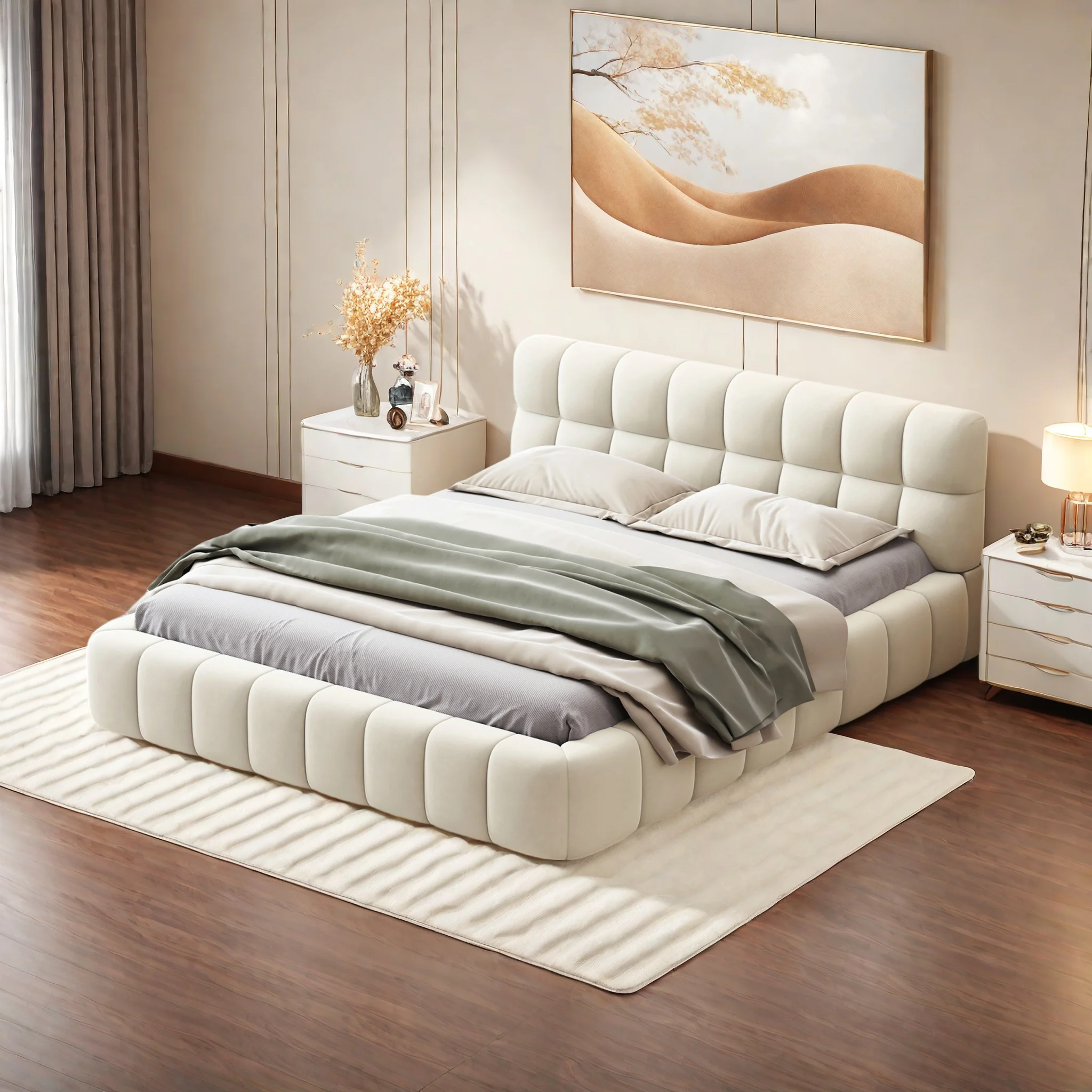 سرير تنجيد حديث من ROSAHQNDA، سرير مزدوج بظهر ناعم، سرير مسطح بحافة مبطنة، قماش كتان، بدون مرتبة