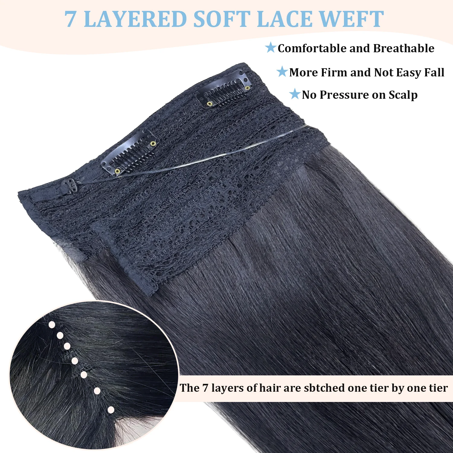 Invisible Dark Brown Fish Line Human Hair Extensions Invisible Wire in with 3 Clips on Weft Hair Extensions 24 26 Inch for Women
