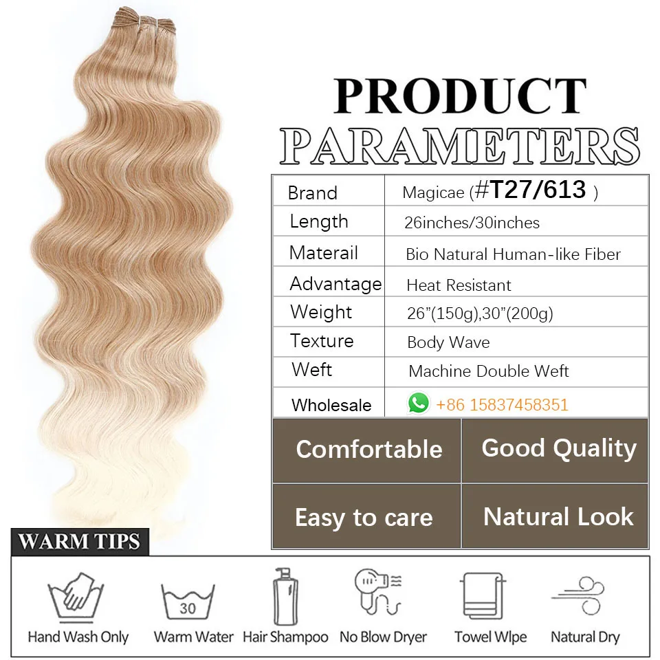 Magicae-Synthetic Body Wave Hair Extensions Bundles, Omber Blonde Weave, Fibra de alta temperatura, Rabo de cavalo, 26 ", 150g