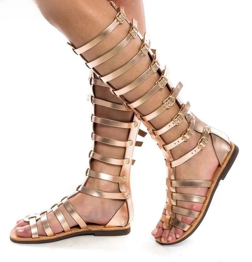 Sandales spartiates Rome à bretelles, bottes hautes, plates découpées, chaussures gothiques Punk, grande taille, or