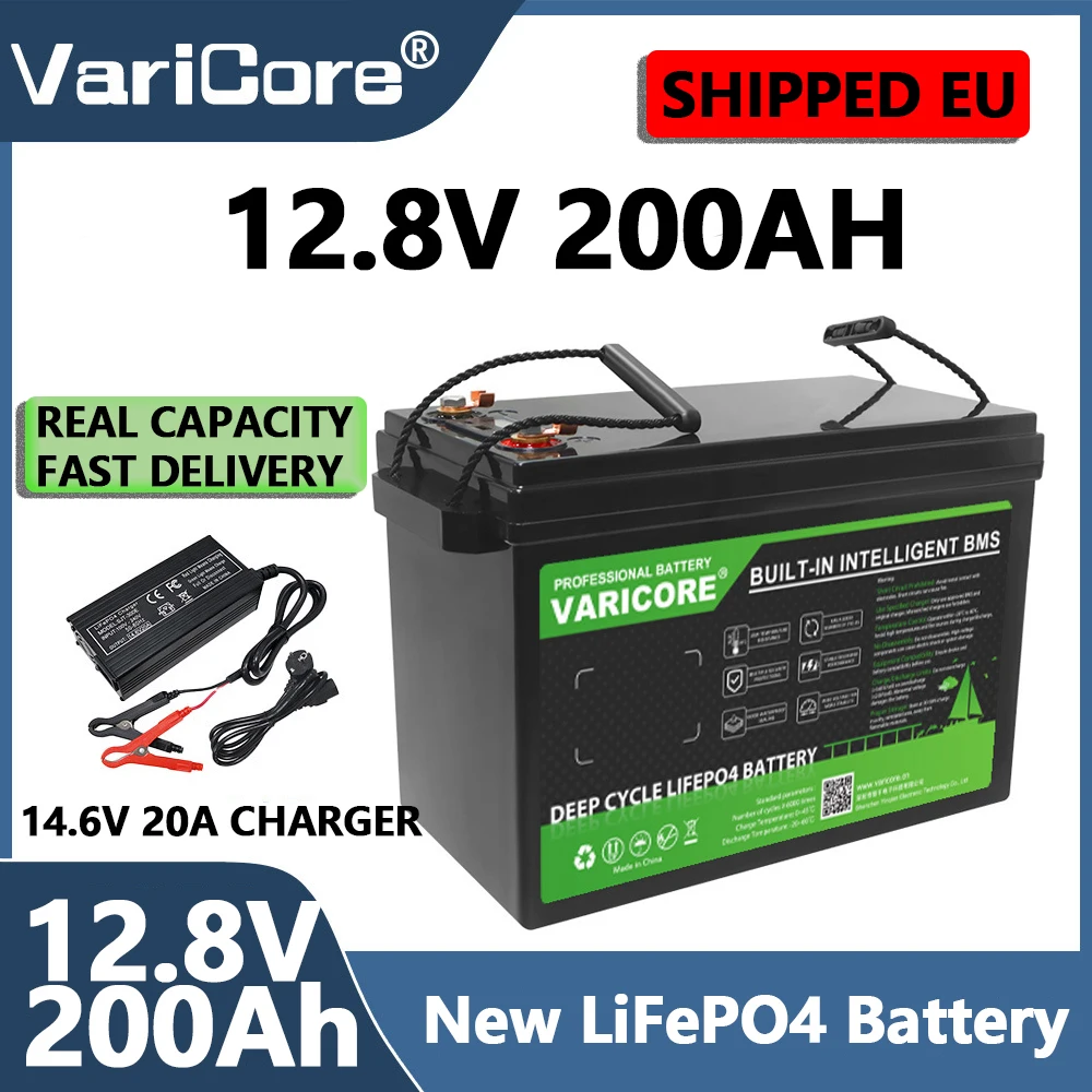 Batterie au lithium fer phosphate Varicore 12V 200Ah grande capacité pour alimentation mobile, camping, moto, camping-car