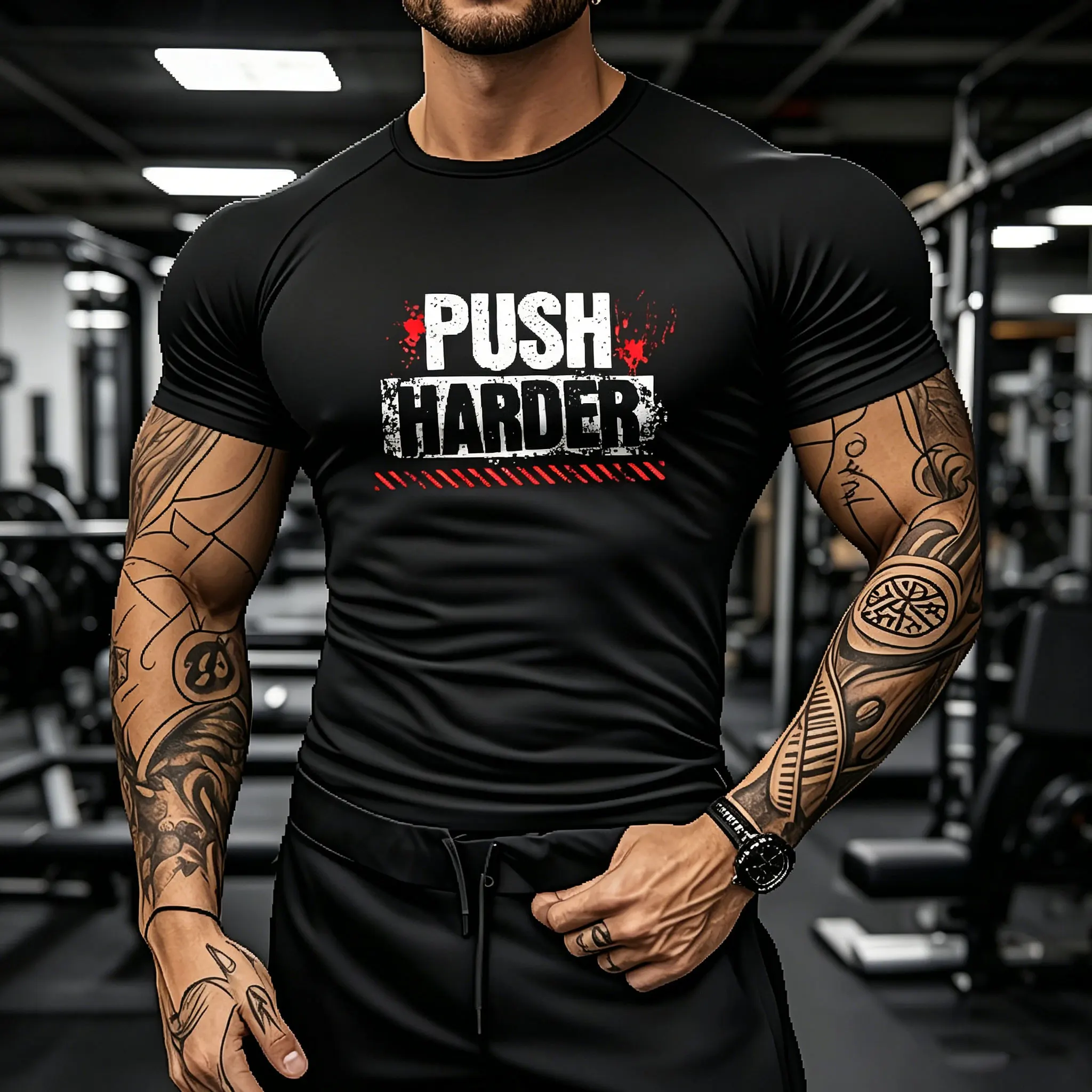 Herren Slim Fit Einfarbiges Schwarzes Motivations-T-Shirt mit Push-Harder-Text und Distressed Grunge-Grafik, Schnelltrocknend Hochelastisch B
