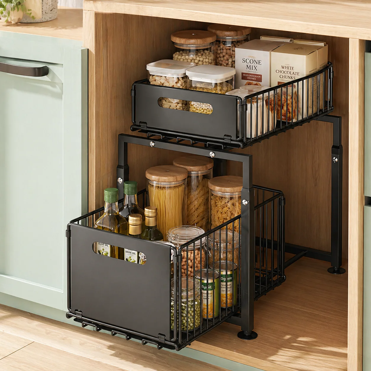 Organisateur de tiroir coulissant à 2 niveaux, réglable en hauteur, pour armoire de cuisine, sous évier, étagère de rangement pour pots à épices