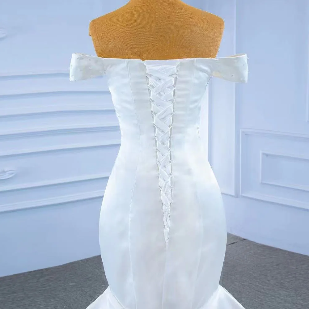 Robe mariée querida fora do ombro rendas até as costas franzidas miçangas cristal pérolas vestido de noiva