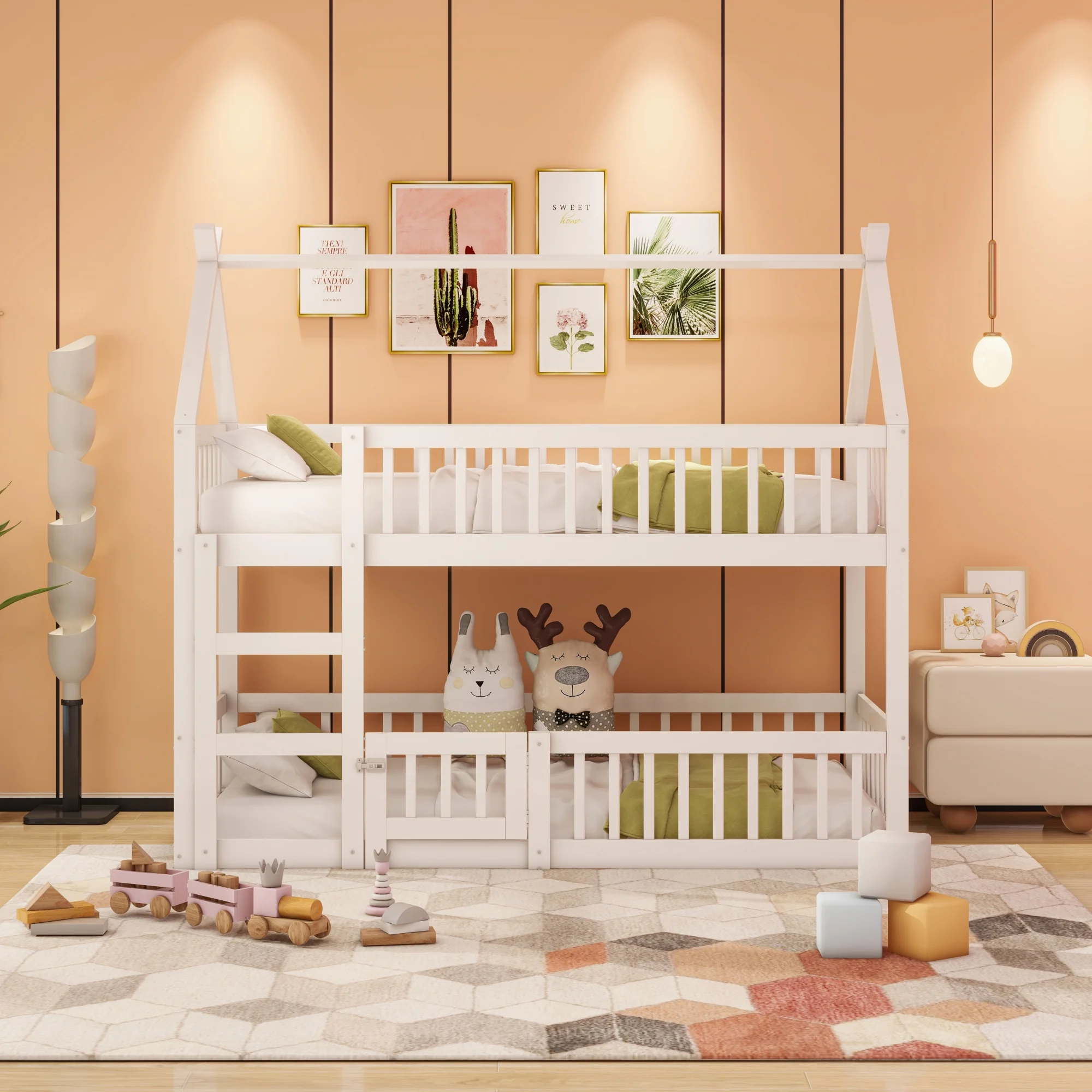 Lit superposé 90x200cm avec escaliers, avec protection contre les expulsions, lit enfant avec sommier à lattes (Lit sous-lit sans sommier à lattes),