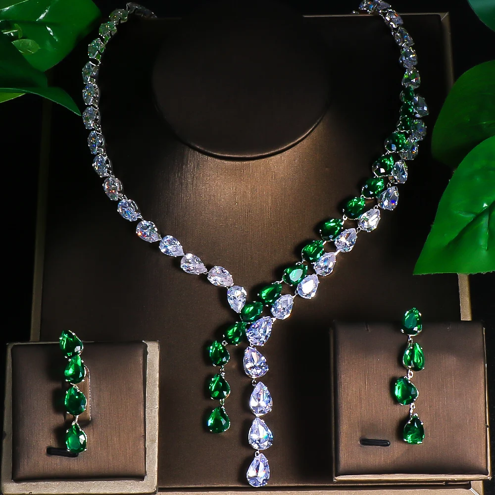 Fashion Double-deck Necklace Earrings Sets Zircon Wedding for Women Simple Green Water Drop Bridal Jewelry Set Banquet Gift