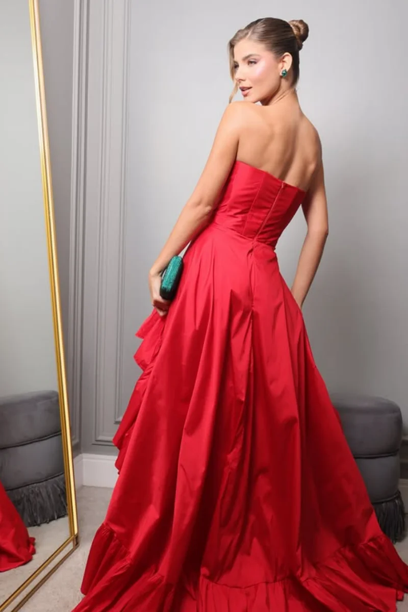 Jessica Exquisite rote Abendkleider mit gekräuseltem Saum, Taft-Abschlussballkleider, schulterfrei, für Damen, Vestidos De Gala, individuell