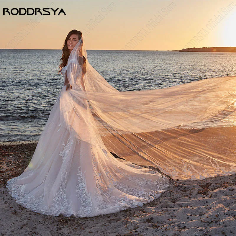 RODDRSYA-vestidos de novia con hombros descubiertos, ropa de novia con apliques, línea de tul, para playa, con botones traseros