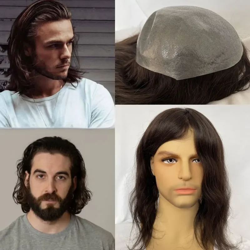 12Inch Mannen Pruiken Volledige Skin Pu Base Lange Menselijk Haar Mannen Toupet Natuurlijke Haarlijn Mannen Toupet Steil Golvend 8X10 3 # Bruin Colror - afbeelding 2
