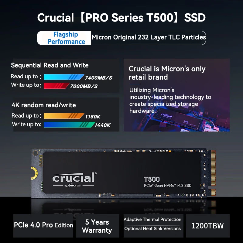 Crucial P3 Plus 1TB PCIe 4.0 T500 SSD 500GB 2TB 4TB NVMe M.2 2280 Gaming Solid State Drive Hard Drive For PS5 Laptop Desktop