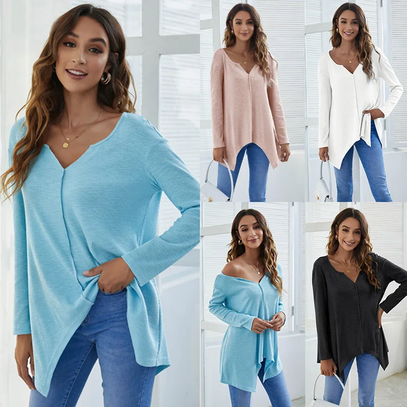 

Ladies Long Sleeve Blouse Shirt Top Spring Autumn Loose Casual Cotton Female Women V-Neck Blouse Shirt Pullover Plus Size