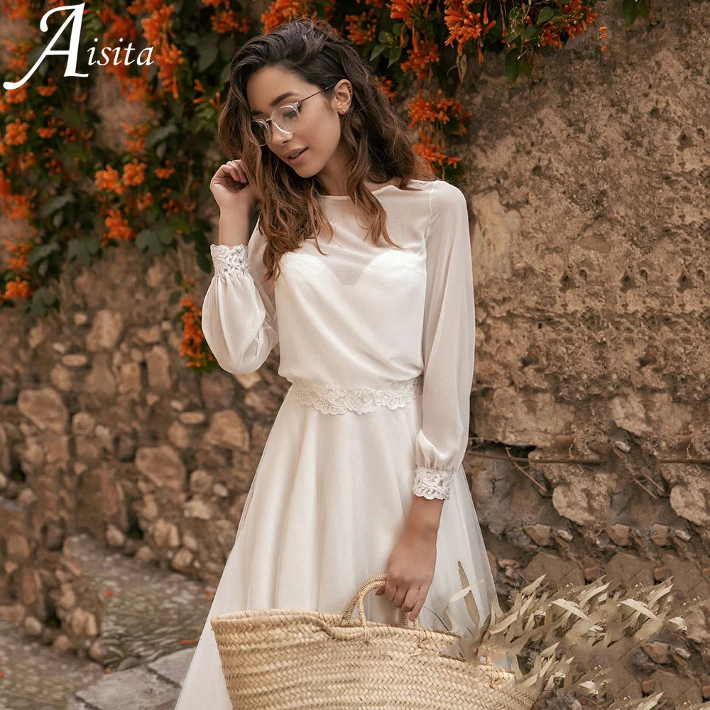 آسر س الرقبة فستان زفاف كم طويل خط الدانتيل زين فستان الزفاف الوهم الظهر سويب تراين Vestidos De Novia