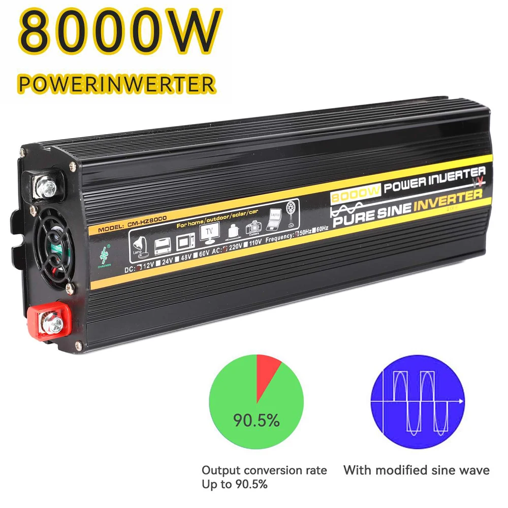 8000W reiner Sinuswellen-Wechselrichter, AC 12V zu AC 220V 230V Transformator mit USB-EU-Steckdose zum Aufladen mit LED-Anzeige